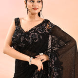 Midnight Black Floral Lace Border Shimmer Net Saree With Stitched Blouse