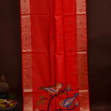 Red Paithani Silk Saree With Bird & Floral Weave Pallu & Copper Zari Border
