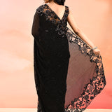 Midnight Black Floral Lace Border Shimmer Net Saree With Stitched Blouse