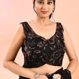 Midnight Black Floral Lace Border Shimmer Net Saree With Stitched Blouse