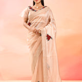 Elegant Peach With Embroidered Rose Motifs Silk Blend Designer Saree