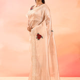 Elegant Peach With Embroidered Rose Motifs Silk Blend Designer Saree