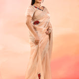 Elegant Peach With Embroidered Rose Motifs Silk Blend Designer Saree