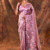 Taffy Pink Floral Embroidered Tissue Silk Saree