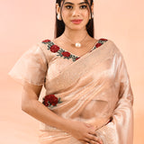 Elegant Peach With Embroidered Rose Motifs Silk Blend Designer Saree