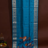 Turquoise Blue Silver Zari Bird Motif Silk Saree With Woven Pallu