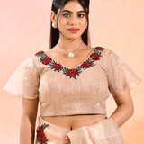 Elegant Peach With Embroidered Rose Motifs Silk Blend Designer Saree