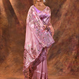 Taffy Pink Floral Embroidered Tissue Silk Saree