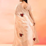 Elegant Peach With Embroidered Rose Motifs Silk Blend Designer Saree