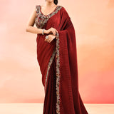 Ruby Red With Ribbed Pleats And Sequinned Foral Border Velvet Designer Saree