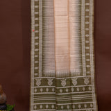 Beige And Olive Green Ikat Woven Silk Saree With Traditional Striped Pallu