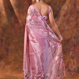 Taffy Pink Floral Embroidered Tissue Silk Saree