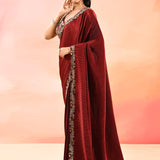 Ruby Red With Ribbed Pleats And Sequinned Foral Border Velvet Designer Saree