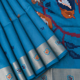 Turquoise Blue Silver Zari Bird Motif Silk Saree With Woven Pallu