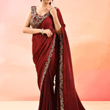 Ruby Red With Ribbed Pleats And Sequinned Foral Border Velvet Designer Saree