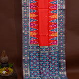 Red & Blue Banarasi Silk Saree With Patan Patola Double Ikat Weave & Silver Zari Border