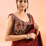 Ruby Red With Ribbed Pleats And Sequinned Foral Border Velvet Designer Saree