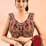Ruby Red With Ribbed Pleats And Sequinned Foral Border Velvet Designer Saree