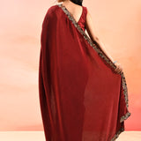 Ruby Red With Ribbed Pleats And Sequinned Foral Border Velvet Designer Saree
