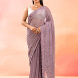 Lavander Net Saree With Sequined Scalloped Border