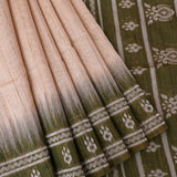 Beige And Olive Green Ikat Woven Silk Saree With Traditional Striped Pallu