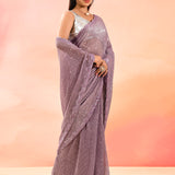 Lavander Net Saree With Sequined Scalloped Border