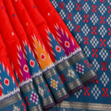Red & Blue Banarasi Silk Saree With Patan Patola Double Ikat Weave & Silver Zari Border