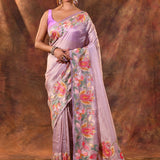 Light Mauve Floral Embroidered Tissue Silk Saree