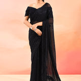 Midnight Sapphire Metallic Shimmer Net Saree With Elegant Beaded Tassels