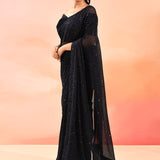 Midnight Sapphire Metallic Shimmer Net Saree With Elegant Beaded Tassels