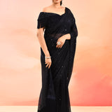 Midnight Sapphire Metallic Shimmer Net Saree With Elegant Beaded Tassels
