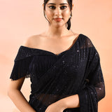 Midnight Sapphire Metallic Shimmer Net Saree With Elegant Beaded Tassels