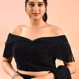 Midnight Sapphire Metallic Shimmer Net Saree With Elegant Beaded Tassels