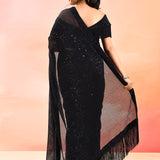 Midnight Sapphire Metallic Shimmer Net Saree With Elegant Beaded Tassels