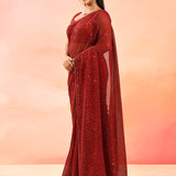 Scarlet Red Metallic Shimmer Net Saree With All Over Sequins