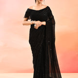 Midnight Black Metallic Shimmer Net Saree With Elegant Beaded Tassels