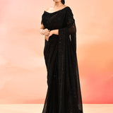 Midnight Black Metallic Shimmer Net Saree With Elegant Beaded Tassels
