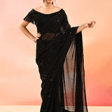 Midnight Black Metallic Shimmer Net Saree With Elegant Beaded Tassels