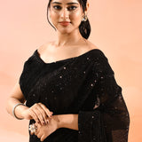 Midnight Black Metallic Shimmer Net Saree With Elegant Beaded Tassels