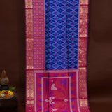 Blue & Pink Banarasi Silk Saree With Patan Patola Weave & Gold Zari Border