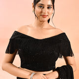 Midnight Black Metallic Shimmer Net Saree With Elegant Beaded Tassels