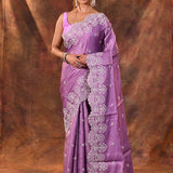 Bright Purple Floral Embroidered Silk Blend Saree