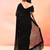 Midnight Black Metallic Shimmer Net Saree With Elegant Beaded Tassels