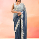 Horizon Blue Metallic Shimmer Net Saree With Floral Embroidery Border