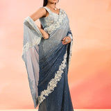 Horizon Blue Metallic Shimmer Net Saree With Floral Embroidery Border
