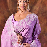 Bright Purple Floral Embroidered Silk Blend Saree