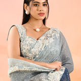Horizon Blue Metallic Shimmer Net Saree With Floral Embroidery Border