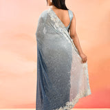 Horizon Blue Metallic Shimmer Net Saree With Floral Embroidery Border