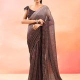 Espresso Brown Metallic Shimmer Net Saree With Elegant Beaded Tassels