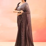 Espresso Brown Metallic Shimmer Net Saree With Elegant Beaded Tassels